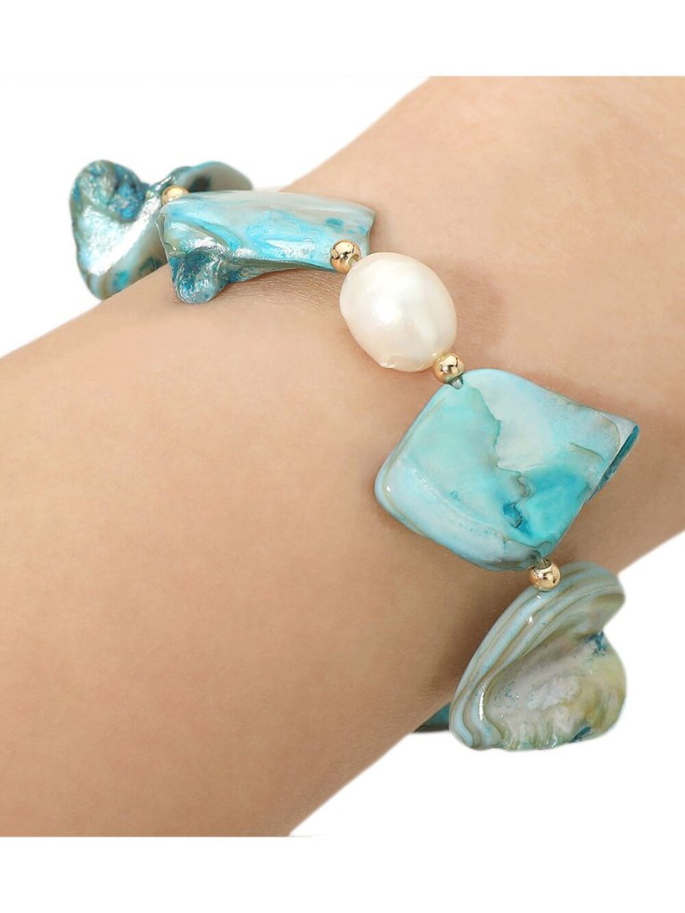 Tigerstars Freshwater Pearl Sculpted Organic Shaped Shell Beaded Bracelet